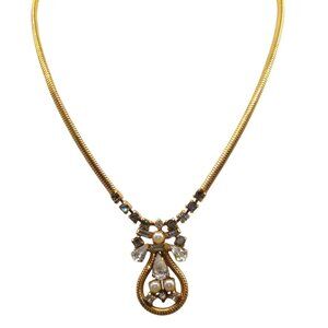 Vintage Leo Glass Crystal Necklace, Gold Tone Snake Chain with Clear Crystals